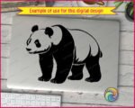 Black silhouette image of a Giant Panda bear walking forward in a natural, grounded stance. The Giant Panda is shown in full body view with thick, textured fur across the torso and legs, distinct dark patches around the eyes, large rounded ears, and heavy chunky paws. The Giant Panda's body is solid and stocky, with detailed fur lines suggesting depth and weight. A clean panda bear svg vector clipart image on a transparent background.
