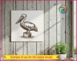 Black silhouette image of a pelican standing on top of a short wooden dock post, with water ripples shown around the base. The pelican faces left, showing its long flat bill with a visible throat pouch, a round eye with detail, and layered feathers across the wings and body. The pelican's feet grip the post firmly. This is a clean black vector clipart design of a pelican with fine line texture details throughout the feathers and post wood grain.