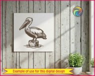 Black silhouette image of a pelican standing on top of a short wooden dock post, with water ripples shown around the base. The pelican faces left, showing its long flat bill with a visible throat pouch, a round eye with detail, and layered feathers across the wings and body. The pelican's feet grip the post firmly. This is a clean black vector clipart design of a pelican with fine line texture details throughout the feathers and post wood grain.
