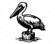 Black silhouette image of a pelican standing on top of a short wooden dock post, with water ripples shown around the base. The pelican faces left, showing its long flat bill with a visible throat pouch, a round eye with detail, and layered feathers across the wings and body. The pelican's feet grip the post firmly. This is a clean black vector clipart design of a pelican with fine line texture details throughout the feathers and post wood grain.