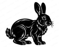 Black silhouette image of a rabbit looking right. This detailed rabbit illustration shows the full body of the animal in a sitting pose. The digital rabbit vector features smooth lines that give the appearance of fur texture, defining its ears, body, and short tail. It is a striking black outline of a rabbit, ready for use as a transparent SVG or PNG clipart. This animal silhouette is a clean, minimalist rabbit graphic.