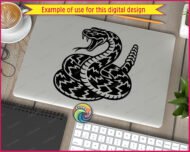 Black silhouette image of a coiled rattlesnake. The rattlesnake is shown with its mouth wide open, exposing its fangs, and its tongue flicking out. The distinctive shaker tail of the rattlesnake is clearly visible, coiled up behind its body. The body of the rattlesnake has detailed patterns, adding depth to the black vector outline. This digital clipart image is a clean rattlesnake svg design, perfect as a transparent cut file.