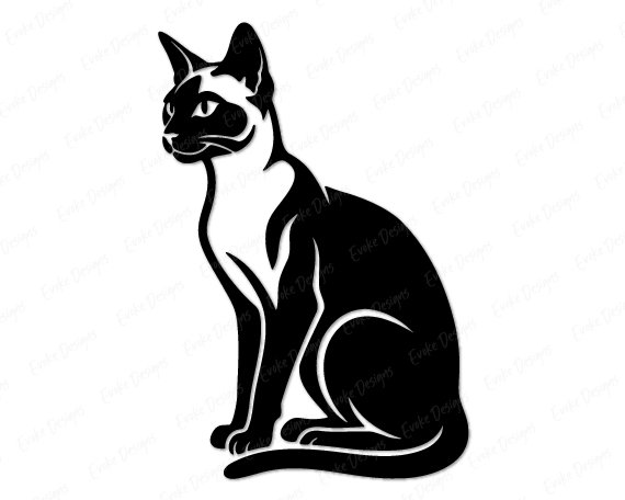 Siamese Cat Black silhouette image of a Siamese Cat sitting upright in a side-profile pose with its head turned slightly toward the viewer. The Siamese Cat has tall pointed ears, a long slender neck, and a large rounded body. The tail is wrapped forward beneath the body. This Siamese Cat silhouette vector has smooth clean edges and is shown on a transparent background, making it ideal as a minimalist svg or png cut file clipart.
