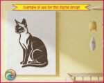 Black silhouette image of a Siamese Cat sitting upright in a side-profile pose with its head turned slightly toward the viewer. The Siamese Cat has tall pointed ears, a long slender neck, and a large rounded body. The tail is wrapped forward beneath the body. This Siamese Cat silhouette vector has smooth clean edges and is shown on a transparent background, making it ideal as a minimalist svg or png cut file clipart.
