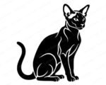 Black silhouette image of a hairless sphynx cat sitting with its head turned to the right. The sleek body of this sphynx cat is shown in a minimalist, detailed outline vector art style. Its large ears and slender features are clearly visible. This digital clipart image is a transparent PNG and SVG cut file, perfect for various projects. A distinct hairless sphynx cat silhouette.