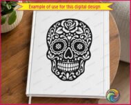 Black silhouette image of a sugar skull in the classic Day of the Dead calavera style. The sugar skull has a large detailed rose at the top of the head surrounded by swirling scroll leaves. Each eye socket contains a flower with petals radiating from the center. The nose is shaped like a small heart. The mouth shows a full row of teeth. Ornate floral and leaf patterns fill the cheeks, chin, and forehead of the sugar skull. This svg vector clipart is on a transparent background with clean black linework.