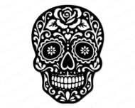 Black silhouette image of a sugar skull in the classic Day of the Dead calavera style. The sugar skull has a large detailed rose at the top of the head surrounded by swirling scroll leaves. Each eye socket contains a flower with petals radiating from the center. The nose is shaped like a small heart. The mouth shows a full row of teeth. Ornate floral and leaf patterns fill the cheeks, chin, and forehead of the sugar skull. This svg vector clipart is on a transparent background with clean black linework.