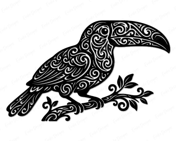 Toucan Black silhouette image of a toucan perched on a decorative branch with small leaves. The toucan is drawn entirely in a tribal style, with intricate swirling scroll patterns and spiral motifs filling the bird's body, wings, and tail feathers. The large curved beak typical of a toucan is clearly defined. The svg clipart vector design sits on a transparent background with no outlines, making the toucan's tribal detail the main focus of the image.