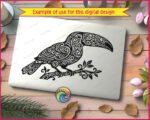Black silhouette image of a toucan perched on a decorative branch with small leaves. The toucan is drawn entirely in a tribal style, with intricate swirling scroll patterns and spiral motifs filling the bird's body, wings, and tail feathers. The large curved beak typical of a toucan is clearly defined. The svg clipart vector design sits on a transparent background with no outlines, making the toucan's tribal detail the main focus of the image.