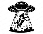 Black silhouette image of a flying saucer UFO hovering in the sky with a wide tractor beam shining downward, depicting an Alien Abduction Cow scene where a spotted dairy cow is lifted mid-air with legs kicking outward. The Alien Abduction Cow svg shows swirling dust clouds and scattered debris at the base of the beam. The saucer features oval windows and a domed top. This Alien Abduction Cow vector clipart is rendered in solid black on a transparent background.