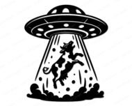 Black silhouette image of a flying saucer UFO hovering in the sky with a wide tractor beam shining downward, depicting an Alien Abduction Cow scene where a spotted dairy cow is lifted mid-air with legs kicking outward. The Alien Abduction Cow svg shows swirling dust clouds and scattered debris at the base of the beam. The saucer features oval windows and a domed top. This Alien Abduction Cow vector clipart is rendered in solid black on a transparent background.