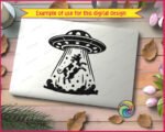 Black silhouette image of a flying saucer UFO hovering in the sky with a wide tractor beam shining downward, depicting an Alien Abduction Cow scene where a spotted dairy cow is lifted mid-air with legs kicking outward. The Alien Abduction Cow svg shows swirling dust clouds and scattered debris at the base of the beam. The saucer features oval windows and a domed top. This Alien Abduction Cow vector clipart is rendered in solid black on a transparent background.