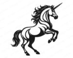 Black silhouette image of a rearing unicorn standing on its two back legs with both front hooves raised high in the air. The unicorn has a long flowing mane that trails behind it in sweeping waves, a full dramatic tail, and a long spiraling horn on its forehead. The unicorn body is rendered in a bold graphic style with strong black linework and clean curves. This unicorn svg clipart is a powerful and detailed vector design on a transparent background.