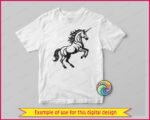 Black silhouette image of a rearing unicorn standing on its two back legs with both front hooves raised high in the air. The unicorn has a long flowing mane that trails behind it in sweeping waves, a full dramatic tail, and a long spiraling horn on its forehead. The unicorn body is rendered in a bold graphic style with strong black linework and clean curves. This unicorn svg clipart is a powerful and detailed vector design on a transparent background.