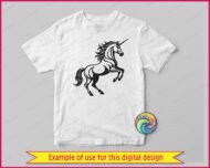 Black silhouette image of a rearing unicorn standing on its two back legs with both front hooves raised high in the air. The unicorn has a long flowing mane that trails behind it in sweeping waves, a full dramatic tail, and a long spiraling horn on its forehead. The unicorn body is rendered in a bold graphic style with strong black linework and clean curves. This unicorn svg clipart is a powerful and detailed vector design on a transparent background.