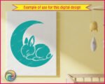 Black silhouette image of a sleeping bunny curled up on a crescent moon. The sleepy baby rabbit is shown in profile, with long ears, a fluffy tail, and closed eyes as it rests peacefully. This nursery nap time bunny is solid black with clean white outline details tracing its fur and body shape. The design sits inside a wide, smooth crescent moon shape, creating a cozy night sky graphic.