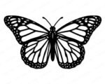 Black silhouette image of a Monarch Butterfly with large open wings showing Detailed Butterfly Wings patterns, dotted borders, and fine vein lines. The butterfly has a rounded body, curved antennae, and symmetrical wing shapes inspired by a spring garden setting. This minimalist outline vector design works as an svg png cut file, digital clipart, and transparent silhouette graphic.