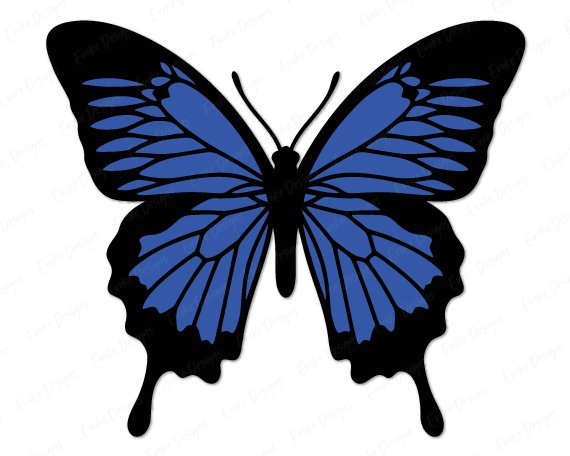 Layered colour image of a Ulysses Butterfly with wide open wings shown in deep blue and solid black. This garden butterfly design features detailed vein lines across each wing, a rounded black body, thin curved antennae, and long tapered lower wing tips. The butterfly with blue wings is set on a transparent background, styled as a vector cut file with clean smooth outlines suitable as digital clipart or a layered svg cut file.