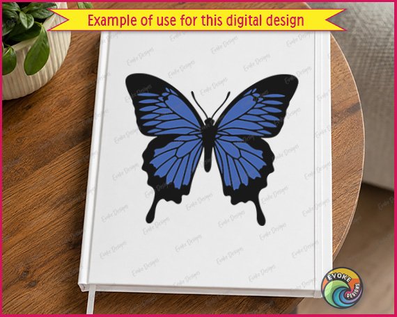 Layered colour image of a Ulysses Butterfly with wide open wings shown in deep blue and solid black. This garden butterfly design features detailed vein lines across each wing, a rounded black body, thin curved antennae, and long tapered lower wing tips. The butterfly with blue wings is set on a transparent background, styled as a vector cut file with clean smooth outlines suitable as digital clipart or a layered svg cut file.