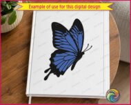 Layered colour image of a Ulysses Butterfly shown in flight with wide open wings, deep blue and black coloring, detailed vein patterns across each wing, and two long curled antennae. This colorful garden butterfly design is a flying butterfly with blue wings, presented as a layered vector cut file with transparent background, ideal as svg, png, and clipart for digital or print use.