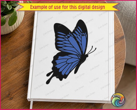 Layered colour image of a Ulysses Butterfly shown in flight with wide open wings, deep blue and black coloring, detailed vein patterns across each wing, and two long curled antennae. This colorful garden butterfly design is a flying butterfly with blue wings, presented as a layered vector cut file with transparent background, ideal as svg, png, and clipart for digital or print use.