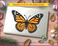 Layered colour image of a monarch butterfly with open wings, showing a butterfly with orange black wings and detailed vein lines. The wings have bold black outlines with rows of white dots along the edges, resembling a spring garden butterfly. Colours include orange, black, and white on a transparent background, shown as a vector cut file suitable for svg, png, and digital clipart use.