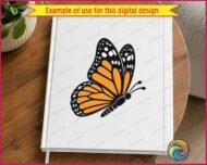 Layered colour image of a monarch butterfly shown from a side profile. This butterfly with orange & black wings features bright orange wing panels outlined by a thick black border and delicate white spots along the edges. This spring garden butterfly digital vector design has clean lines and solid colors, perfect for a layered cut file or transparent clipart.