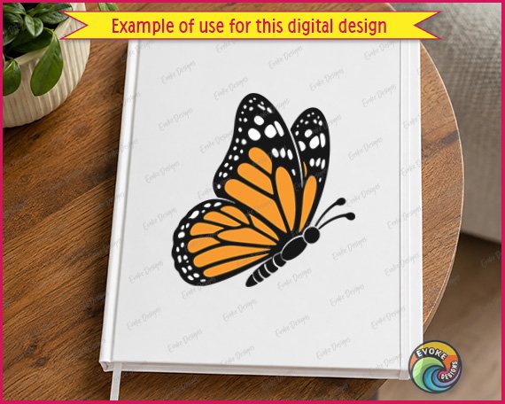 Layered colour image of a monarch butterfly shown from a side profile. This butterfly with orange & black wings features bright orange wing panels outlined by a thick black border and delicate white spots along the edges. This spring garden butterfly digital vector design has clean lines and solid colors, perfect for a layered cut file or transparent clipart.