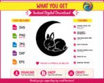 Black silhouette image of a sleeping bunny curled up on a crescent moon. The sleepy baby rabbit is shown in profile, with long ears, a fluffy tail, and closed eyes as it rests peacefully. This nursery nap time bunny is solid black with clean white outline details tracing its fur and body shape. The design sits inside a wide, smooth crescent moon shape, creating a cozy night sky graphic.