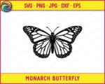 Black silhouette image of a Monarch Butterfly with large open wings showing Detailed Butterfly Wings patterns, dotted borders, and fine vein lines. The butterfly has a rounded body, curved antennae, and symmetrical wing shapes inspired by a spring garden setting. This minimalist outline vector design works as an svg png cut file, digital clipart, and transparent silhouette graphic.