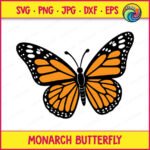 Layered colour image of a monarch butterfly with open wings, showing a butterfly with orange black wings and detailed vein lines. The wings have bold black outlines with rows of white dots along the edges, resembling a spring garden butterfly. Colours include orange, black, and white on a transparent background, shown as a vector cut file suitable for svg, png, and digital clipart use.