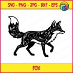 Black silhouette image of a fox svg showing a walking fox with a bushy tail covered in floral pattern details, leafy swirl markings across its body, pointed ears, and a long snout. This woodland animal design is a minimalist vector outline, ideal as a cut file or clipart, shown on a transparent background in digital format for cutting machines and printing projects.