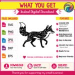 Black silhouette image of a fox svg showing a walking fox with a bushy tail covered in floral pattern details, leafy swirl markings across its body, pointed ears, and a long snout. This woodland animal design is a minimalist vector outline, ideal as a cut file or clipart, shown on a transparent background in digital format for cutting machines and printing projects.