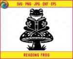 Black silhouette image of a Reading Frog sitting cross-legged on top of a large spotted mushroom. The frog is holding an open book, deeply focused on reading. Underneath the mushroom cap, detailed gills are visible, and grass grows at the base of the stem. This Frog on Mushroom Reading a Book design creates a cozy Book Lover Woodland Scene. This minimalist outline vector is perfect as a clean cut file, transparent PNG, or scalable SVG for digital designs.