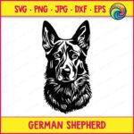 Black silhouette image of a german shepherd dog face shown in a clean outline style. This alsatian dog design has alert pointed ears, a strong snout, and a focused expression typical of the breed. The pet dog portrait is a minimalist vector cut file, shown as a transparent png, ideal for digital clipart use and svg cutting projects.