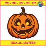 Layered colour image of a jack o lantern with a happy, friendly face. The classic halloween pumpkin is bright orange with a dark brown outline, a small green stem on top, and glowing yellow eyes. This spooky carved pumpkin features a wide grin that looks joyful rather than scary. The clean, layered digital clipart vector shows smooth lines and warm autumn colours.