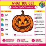 Layered colour image of a jack o lantern with a happy, friendly face. The classic halloween pumpkin is bright orange with a dark brown outline, a small green stem on top, and glowing yellow eyes. This spooky carved pumpkin features a wide grin that looks joyful rather than scary. The clean, layered digital clipart vector shows smooth lines and warm autumn colours.