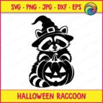Black silhouette image of a halloween raccoon wearing a tall, crooked witch hat with a square buckle on a transparent background. The raccoon has friendly eyes and its paws are resting on top of a carved jack-o-lantern pumpkin with a happy, toothy grin. This raccoon in witch hat with pumpkin graphic has clean, dark outlines, perfect for making spooky halloween decor. The animal has striped tail details visible at the bottom.