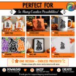Black silhouette image of a halloween raccoon wearing a tall, crooked witch hat with a square buckle on a transparent background. The raccoon has friendly eyes and its paws are resting on top of a carved jack-o-lantern pumpkin with a happy, toothy grin. This raccoon in witch hat with pumpkin graphic has clean, dark outlines, perfect for making spooky halloween decor. The animal has striped tail details visible at the bottom.