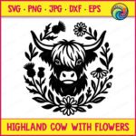 Black silhouette image of a highland cow with flowers surrounding its face in a full wreath of thistles and daisies. The scottish shaggy calf has long shaggy fur, curved horns, and a gentle expression, framed by detailed leaves and blooming flowers. This rustic farmhouse animal design is shown as a minimalist outline, ideal as an svg, png, or vector cut file with a transparent background for digital clipart use.