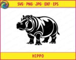 Black silhouette image of a standing hippo shown from the side. The design has stylized white cutout lines that highlight the shape of the head, back, legs, and body of this zoo hippopotamus. It is a clean vector graphic on a transparent background, suitable as a cut file or digital clipart, perfect for creating decor for an african safari animal nursery. The animal is standing on all four feet with its head facing left.