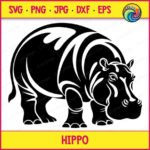 Black silhouette image of a standing hippo, shown from a three-quarter angle. This African hippopotamus graphic uses negative space to show highlights on its thick skin, rounded back, and ears. The strong zoo animal figure has realistic details on its legs, face, and small tail. It is a clean vector stencil with sharp lines on a white background, perfect as an svg cut file or digital png clipart.