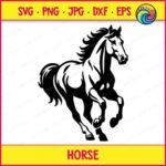 Black silhouette image of a horse shown as a galloping stallion running with its mane and tail flowing in the wind. The svg cut file design shows the horse mid-stride with legs stretched forward and back, head lifted high. This clipart image works as a minimalist vector outline, great for any horse lover looking for a digital transparent cut file.