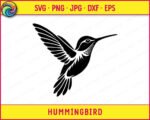 Black silhouette image of a flying hummingbird in mid-air with its wings spread wide, showing detailed feathers. This spring garden bird is shown from a side profile with its long, slender beak pointing forward. This clean vector design works as a high-quality SVG, PNG, and digital cut file. The minimalist outline has smooth edges, making this hummingbird clipart easy to use on a transparent background.