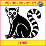 Black silhouette image of a lemur sitting upright with large round eyes, a rounded nose, and fuzzy fur texture along its body and ears. This wild jungle zoo animal design features a long curled tail marked with bold alternating stripes, capturing the classic look of a Madagascar ring-tailed lemur. The image is a clean vector cut file, ideal as svg or png clipart with a transparent background, minimalist outline style, and smooth digital lines.