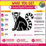 Black silhouette image of a lemur sitting upright with large round eyes, a rounded nose, and fuzzy fur texture along its body and ears. This wild jungle zoo animal design features a long curled tail marked with bold alternating stripes, capturing the classic look of a Madagascar ring-tailed lemur. The image is a clean vector cut file, ideal as svg or png clipart with a transparent background, minimalist outline style, and smooth digital lines.