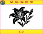 Black silhouette image of a Lily flower design featuring large layered petals with dotted texture detail, delicate curved stamens, a closed bud, and long slender leaves. This Minimalist Flower graphic shows an Oriental Lily in full bloom rendered as a clean vector outline on a transparent background, ideal as a digital clipart or svg cut file for craft and design projects.