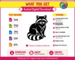 Black silhouette image of a sitting raccoon. This detailed vector design features the classic masked bandit face with dark patches around the eyes, small ears, and whiskers. The body is shown sitting down, showcasing a fluffy coat with clean lines. A thick tail with alternating stripes curls around the feet. This transparent PNG and scalable SVG file has a solid black outline of a wild trash panda.