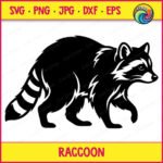 Black silhouette image of a walking raccoon in side profile. This detailed woodland critter animal vector is captured mid-stride, showcasing its distinct pointed snout, masked face, and alert ears. The body shows textured fur outlines along the back and neck, leading to a thick tail with prominent horizontal stripes. This clean digital cut file is presented on a transparent background in svg and png formats, perfect as a minimalist trash panda clipart design.