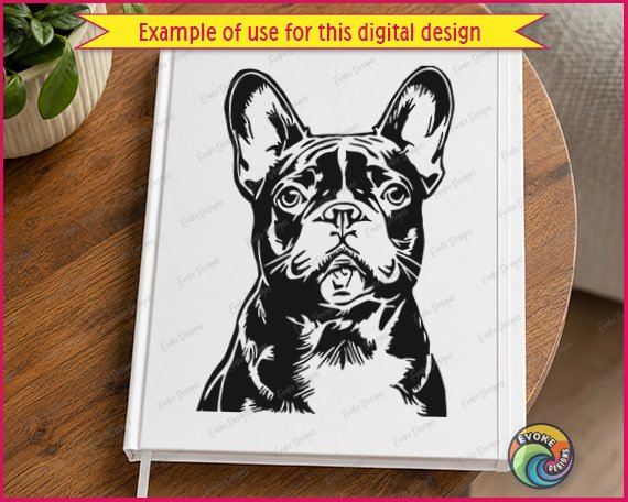 Black silhouette image of a french bulldog face shown as a pet dog portrait, featuring large upright bat ears, a short wrinkled snout, and round eyes. This frenchie dog design is a minimalist outline vector cut file, saved as svg and png with a transparent background, made for clipart and craft projects.